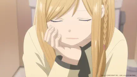 A serene scene from the anime My Love Story With Yamada-kun at Lv999, featuring a young woman with long blonde hair, resting her chin on her hand, conveying a contemplative mood.