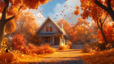 A cozy house surrounded by vibrant autumn foliage, with a path covered in orange leaves, capturing the essence of fall weather in a stunning 4K Ultra HD desktop wallpaper.