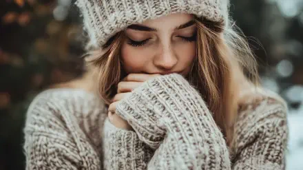 A woman in a cozy sweater and knit hat gently hugs her hands, embodying warmth and serenity. This 4K Ultra HD image serves as an inviting desktop wallpaper and background.