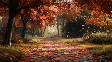 A serene autumn path lined with vibrant red and orange leaves, capturing the essence of fall weather in stunning 4K Ultra HD.