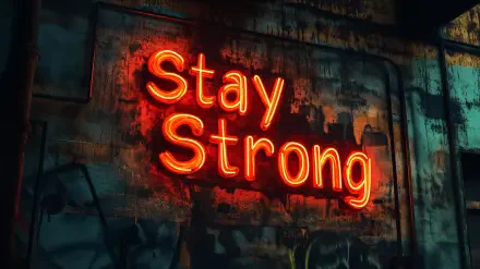 A vibrant neon sign displays Stay Strong against a textured, dark background, serving as a motivational 4K Ultra HD desktop wallpaper.