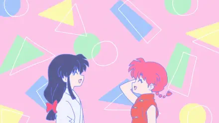 HD PC desktop wallpaper featuring anime characters Akane Tendou and Ranma Saotome from Ranma ½ against a pastel geometric background.