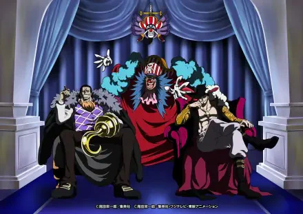 HD PC desktop wallpaper: One Piece anime scene with Buggy centered and Crocodile and Dracule Mihawk lounging on thrones in a dark, opulent curtained hall beneath a clown emblem.