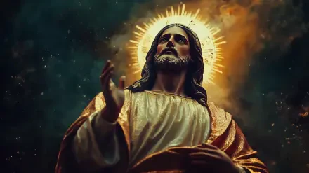 A striking HD desktop wallpaper featuring Jesus, depicted with a radiant halo, set against a dramatic background that evokes a sense of reverence and spirituality.