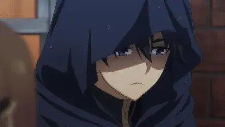 A close-up of a somber anime character in a dark hood, capturing the theme of melancholy from Let This Grieving Soul Retire! This HD wallpaper adds depth to any desktop background.