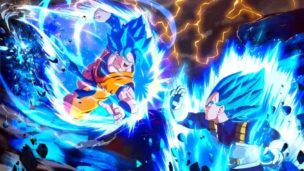 Goku and Vegeta clash in a dynamic battle, showcasing their Super Saiyan Blue forms in a vibrant scene from DRAGON BALL: Sparking! ZERO. Stunning 4K Ultra HD quality enhances this epic moment.