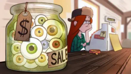 A scene from the TV show Gravity Falls featuring Wendy Corduroy sitting at a counter, looking bored beside a jar labeled SALE filled with eyes. 4K Ultra HD wallpaper.