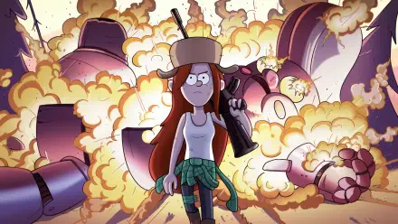 Wendy Corduroy from the TV show Gravity Falls strides confidently through an explosion, ready for action in this vibrant 4K Ultra HD desktop wallpaper.