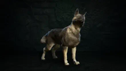 A detailed 4K Ultra HD wallpaper featuring a fierce dog from the video game Diablo IV, set against a dark, textured background, showcasing its intricate design and powerful stance.