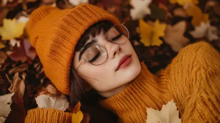 A woman in a cozy orange beanie and sweater lies among autumn leaves, exuding a warm, serene vibe. This 4K Ultra HD image captures the essence of a cozy autumn aesthetic.