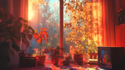 A cozy autumn aesthetic scene of sunlight streaming through a window onto various potted plants, creating warm home decor vibes in stunning 4K Ultra HD quality.