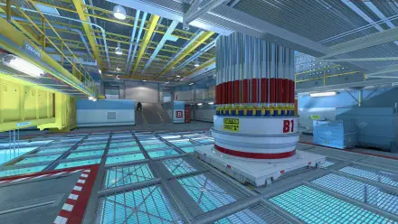 An HD wallpaper showcasing a detailed interior from Counter-Strike 2, featuring vibrant lighting, high-tech machinery, and a dynamic gaming environment.