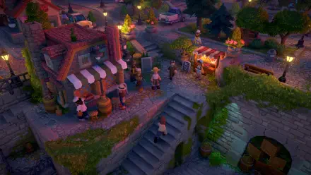 HD PC desktop wallpaper showcasing a vibrant, detailed scene from the video game Luma Island, featuring a lively village with characters and warm evening lighting.