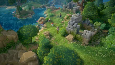 HD PC desktop wallpaper of a vibrant Luma Island scene from a video game, featuring lush greenery, ruins, and characters exploring the landscape.