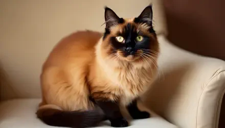 A beautiful ragdoll cat sits gracefully on a sofa, showcasing its striking fur and vibrant green eyes in this stunning 4K Ultra HD desktop wallpaper.