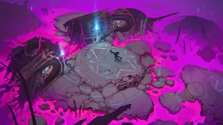 A vibrant HD wallpaper from the video game Supervive, featuring a mystical, surreal landscape with glowing elements and a dramatic purple backdrop.