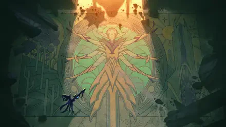 A HD PC desktop wallpaper from the video game Supervive, featuring a character standing before a majestic, intricate mural of an ethereal figure, surrounded by a dramatic, ruined landscape.