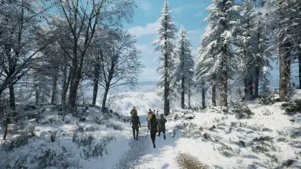 A serene winter landscape from the video game Medieval Dynasty, featuring travelers on a snowy path surrounded by tall trees under a bright blue sky.