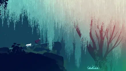 A serene HD wallpaper featuring a scene from the video game Neva, depicting a character with a white companion in an enchanted landscape filled with lush, vibrant foliage.