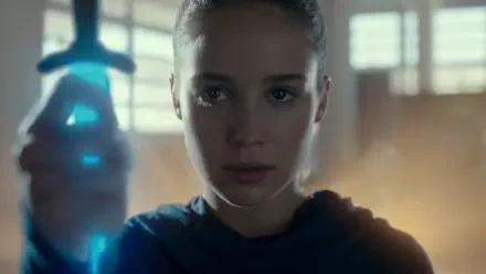 A powerful scene from the TV show Warrior Nun, featuring Alba Baptista, showcasing her determination as she holds a glowing sword. Ideal HD wallpaper for fans of the series.