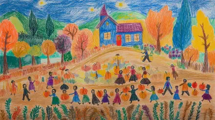 A vibrant autumn scene captures a harvest festival with colorful trees and people joyfully carrying pumpkins near a charming blue house. A delightful 4K Ultra HD wallpaper.