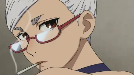 HD anime desktop wallpaper featuring Seiko Ayase from Dandadan, showcasing her sharp gaze and red glasses with a cigarette in her mouth.