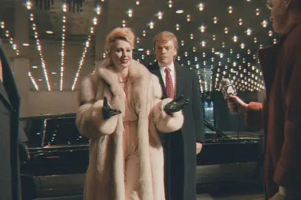 A scene from *The Apprentice (2024)* featuring a glamorous character in a fur coat and a suited figure amidst dazzling lights, set against a sleek black car backdrop. 4K Ultra HD wallpaper.
