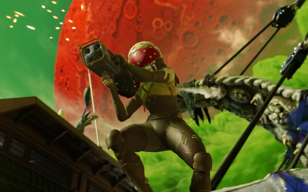 A vibrant HD desktop wallpaper featuring a character from the video game Concord, poised with a weapon against a dramatic green landscape and a striking red planet backdrop.