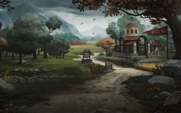 A scenic landscape from the video game Norland, featuring a winding path, quaint buildings, and an atmospheric sky adorned with autumn leaves, set in a rich HD desktop wallpaper.
