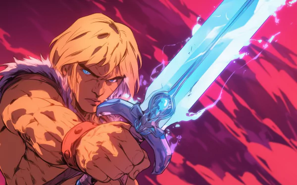A dynamic HD desktop wallpaper featuring He-Man wielding his iconic sword, capturing the essence of the beloved TV show in vibrant detail.