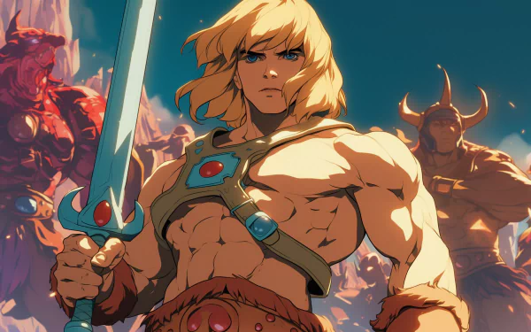 He-Man stands confidently with his sword, surrounded by vibrant characters from the TV show. This HD wallpaper captures the dynamic essence of his adventurous world.