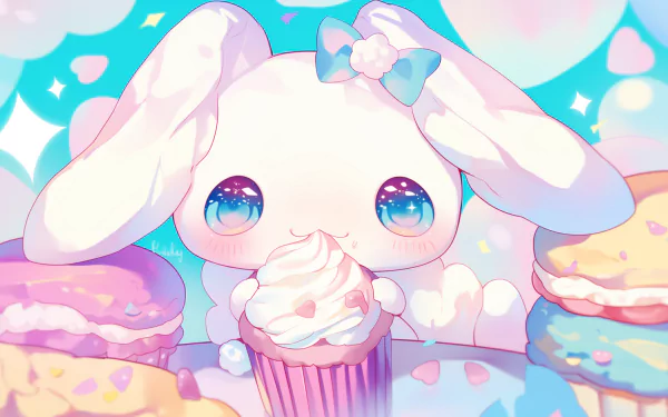 A whimsical HD desktop wallpaper featuring Cinnamoroll, a cute anime character, joyfully holding a muffin surrounded by colorful baked treats and a dreamy pastel background.