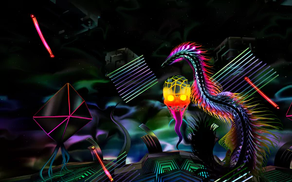 A vibrant abstract design features a colorful serpent-like creature amidst dynamic geometric shapes and neon lights, inspired by the video game Thrasher (2024). HD desktop wallpaper.