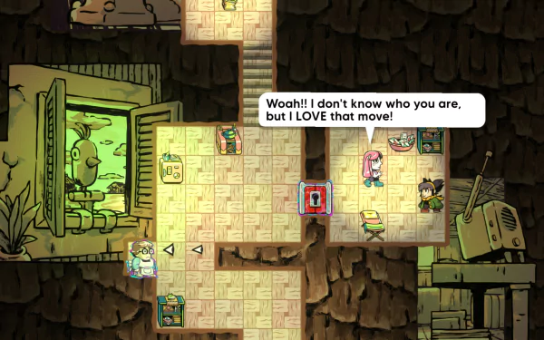 A vibrant HD wallpaper from Arranger: A Role-Puzzling Adventure, featuring colorful characters in a quirky setting, as one exclaims admiration for another’s move.