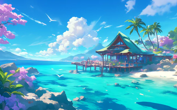 A vibrant beach house nestled by turquoise waters, surrounded by lush greenery and blooming flowers, capturing the essence of an island paradise in an HD wallpaper scene.