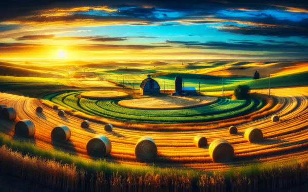 A serene farm landscape serves as a vibrant HD desktop wallpaper, capturing the essence of pastoral life with lush fields and a tranquil atmosphere.
