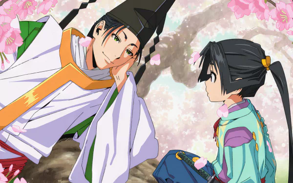 A serene moment captured in The Elusive Samurai, featuring two characters surrounded by blossoming cherry trees, creating a vibrant HD desktop wallpaper and background.