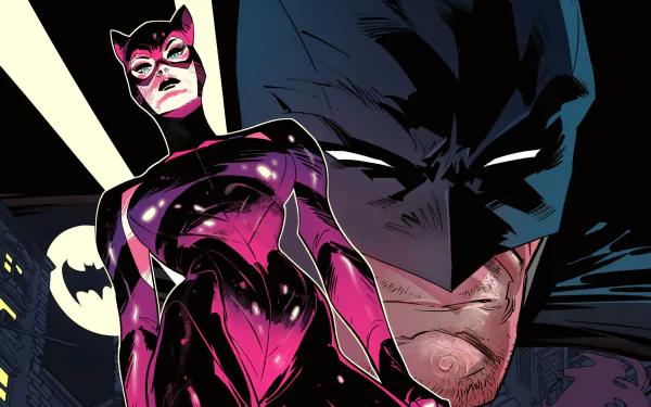 HD PC desktop wallpaper featuring Catwoman and Batman in a dynamic comic style by Jorge Jiménez, showcasing iconic DC Comics characters.