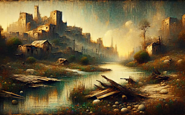 A grunge-inspired HD desktop wallpaper featuring a desolate landscape with abandoned structures, a serene river, and overgrown vegetation under a moody sky.