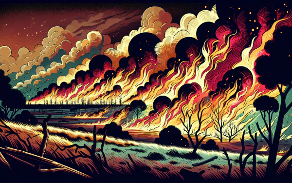 A striking HD wallpaper depicting a wildfire, with vibrant flames and smoke rising against a dusk sky, surrounded by charred trees and a dramatic landscape.