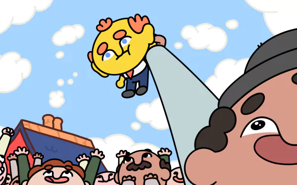 HD desktop wallpaper featuring scenes from the video game Thank Goodness You're Here!. A vibrant background that captures the game's unique style and charm.