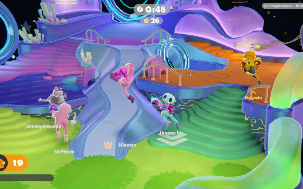 A vibrant HD wallpaper from the video game Bare Butt Boxing, featuring colorful characters navigating a playful, dynamic landscape with whimsical platforms and obstacles.