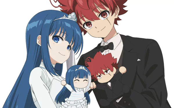 HD PC desktop wallpaper featuring Taiyo Asano and Mutsumi Yozakura from the anime Mission: Yozakura Family, holding matching dolls in formal attire.