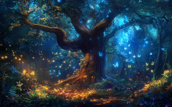 A serene magical forest scene, featuring vibrant greenery and enchanting lighting, designed as an HD desktop wallpaper and background.
