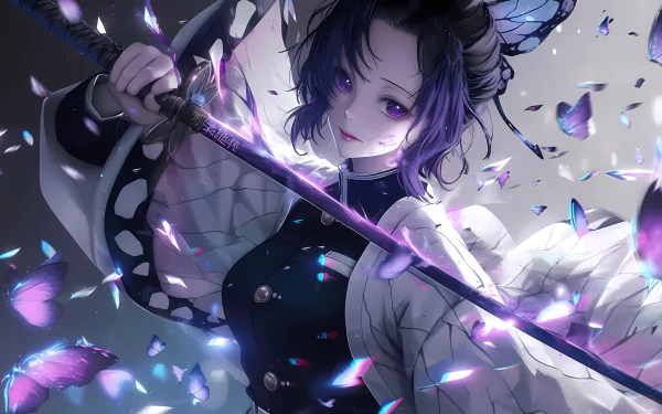 4K Ultra HD wallpaper of Shinobu Kochou from Demon Slayer: Kimetsu no Yaiba, featuring her poised with a glowing sword surrounded by vibrant butterflies.