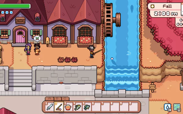 A vibrant HD wallpaper from the game Fields of Mistria, featuring a charming village scene with a watermill, characters interacting, and colorful autumn foliage.