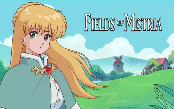 HD desktop wallpaper for the video game Fields of Mistria, featuring an illustrated character against a vibrant landscape with a windmill and rolling hills.