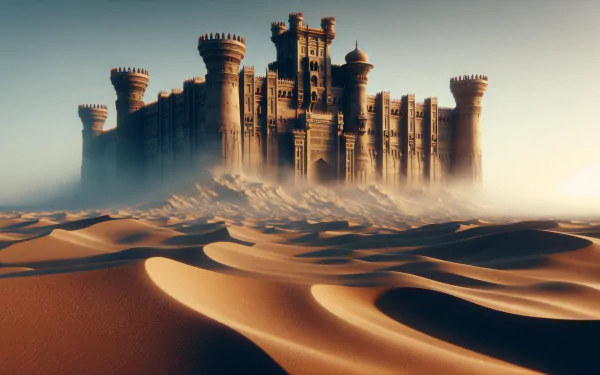 A majestic fortress rises from sweeping sand dunes, bathed in soft light, creating a stunning HD desktop wallpaper that captures a blend of strength and beauty in a desert landscape.