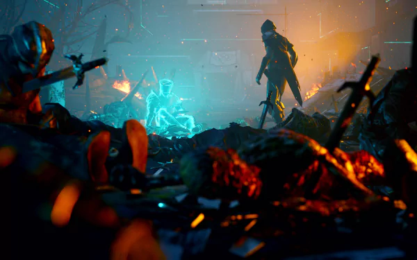 A dramatic HD desktop wallpaper from the video game **Deathbound**, featuring a dystopian scene with glowing figures amidst a battle-scarred landscape and remnants of conflict.