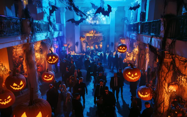 A vibrant Halloween party scene features guests mingling in a decorated venue, with glowing jack-o'-lanterns and bats hanging, set against a backdrop of blue and orange lights.